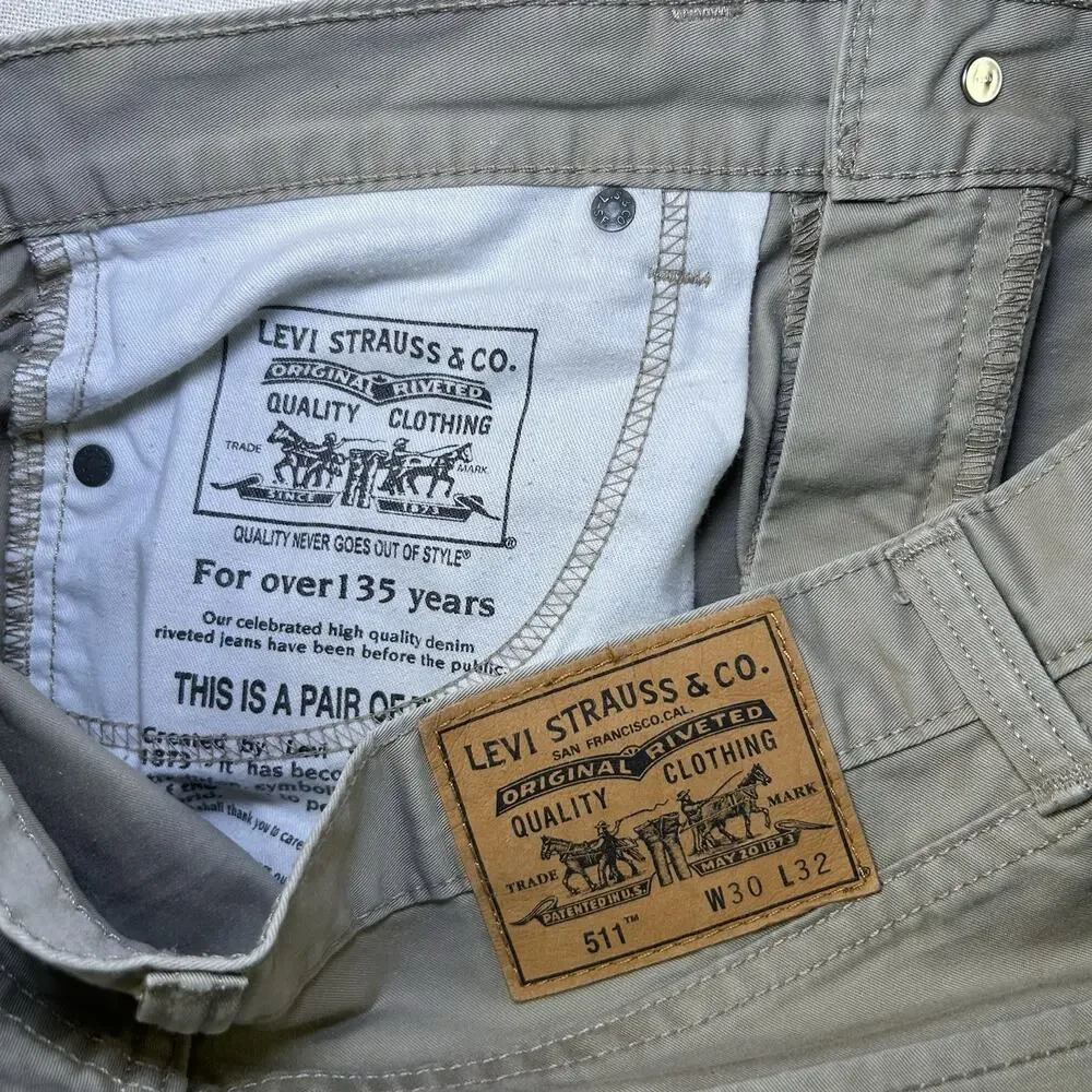 Levi's 511 Regular Tapered Fit Khaki‎ 100% Cotton Casual Pants Men's Size 30x32